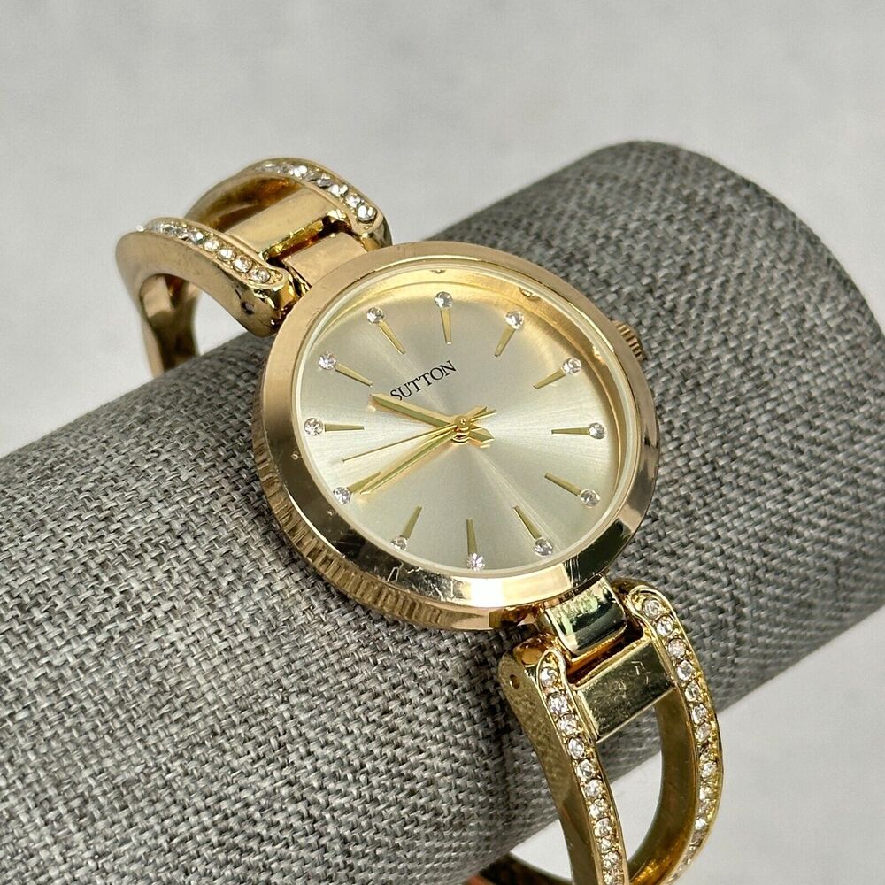 Sutton Watch Womens 32mm Pave Crystal Band Cuff Clamper Gold Tone New Battery